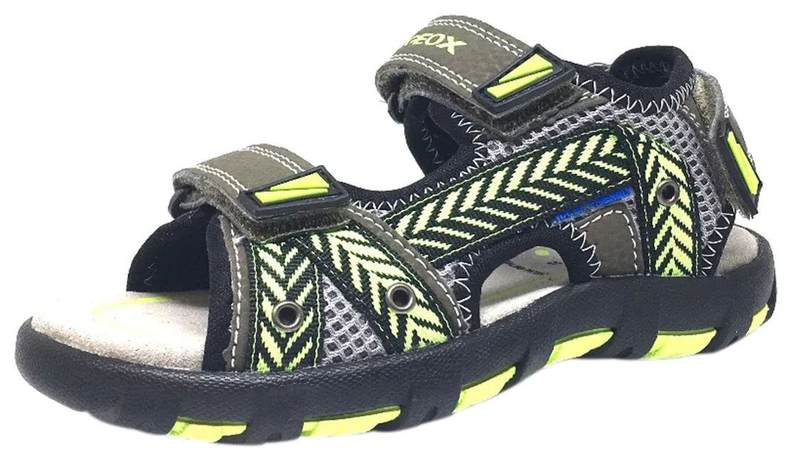 Geox Boy's Pianeta Military Green & Lime Single Hook and Loop Strap Open Toe Sandal Asics Shoes Collab