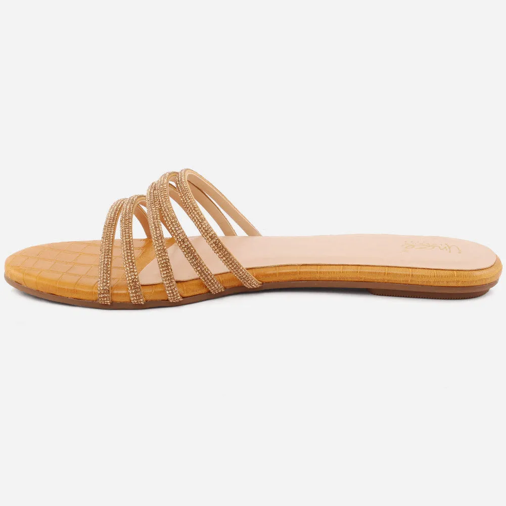 Women "Ethel" Stone Strap Slip On Slippers Rattan Slides