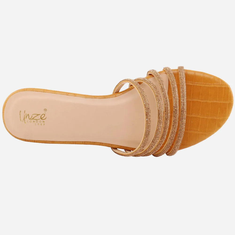 Designer Fur Slides Women "Ethel" Stone Strap Slip On Slippers