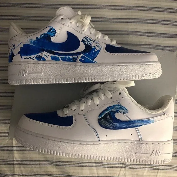 Oikawa Shoes Asics Custom Air Force 1 White Blue Ocean Waves