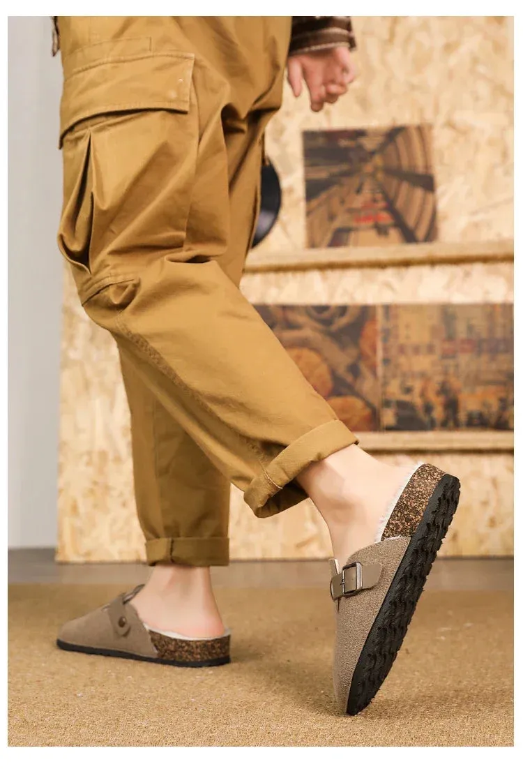 Barefoot Slides Half Pack Cotton Boken Shoes Men Slippers Autumn and Winter New Item Cowhide Real Wool Half Pack Boken Oak Sole External Sandal