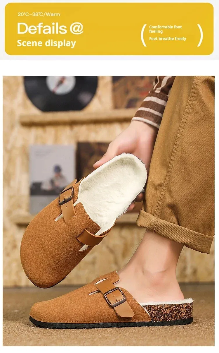 Half Pack Cotton Boken Shoes Men Slippers Autumn and Winter New Item Cowhide Real Wool Half Pack Boken Oak Sole External Sandal Pug With Slippers
