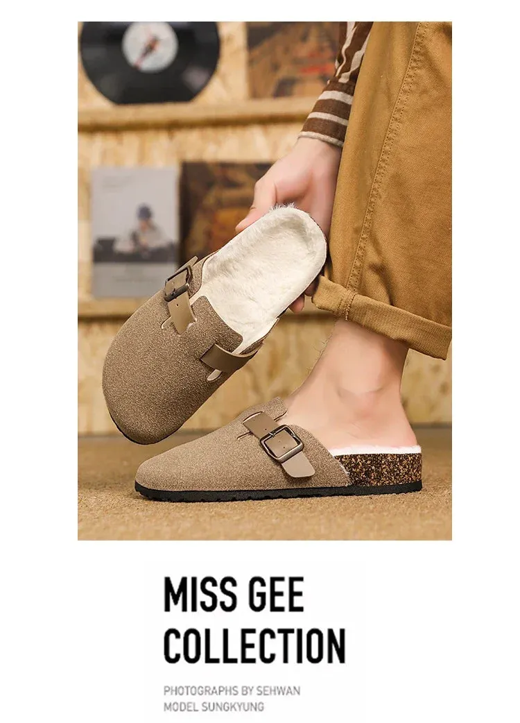 Half Pack Cotton Boken Shoes Men Slippers Autumn and Winter New Item Cowhide Real Wool Half Pack Boken Oak Sole External Sandal Uzzy Slippers