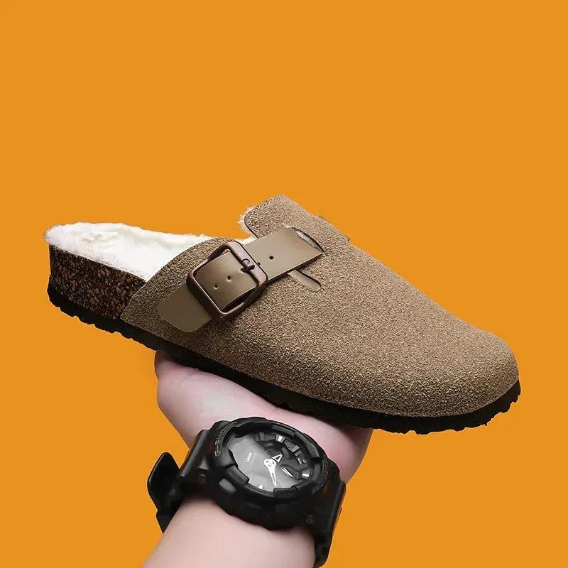 Half Pack Cotton Boken Shoes Men Slippers Autumn and Winter New Item Cowhide Real Wool Half Pack Boken Oak Sole External Sandal Fluffy Slides