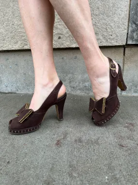 40s Brown Suede Peep Toe Sling Back Shoes,  Bows on Toes, Valcraft Shoes Adidas Shoes Size