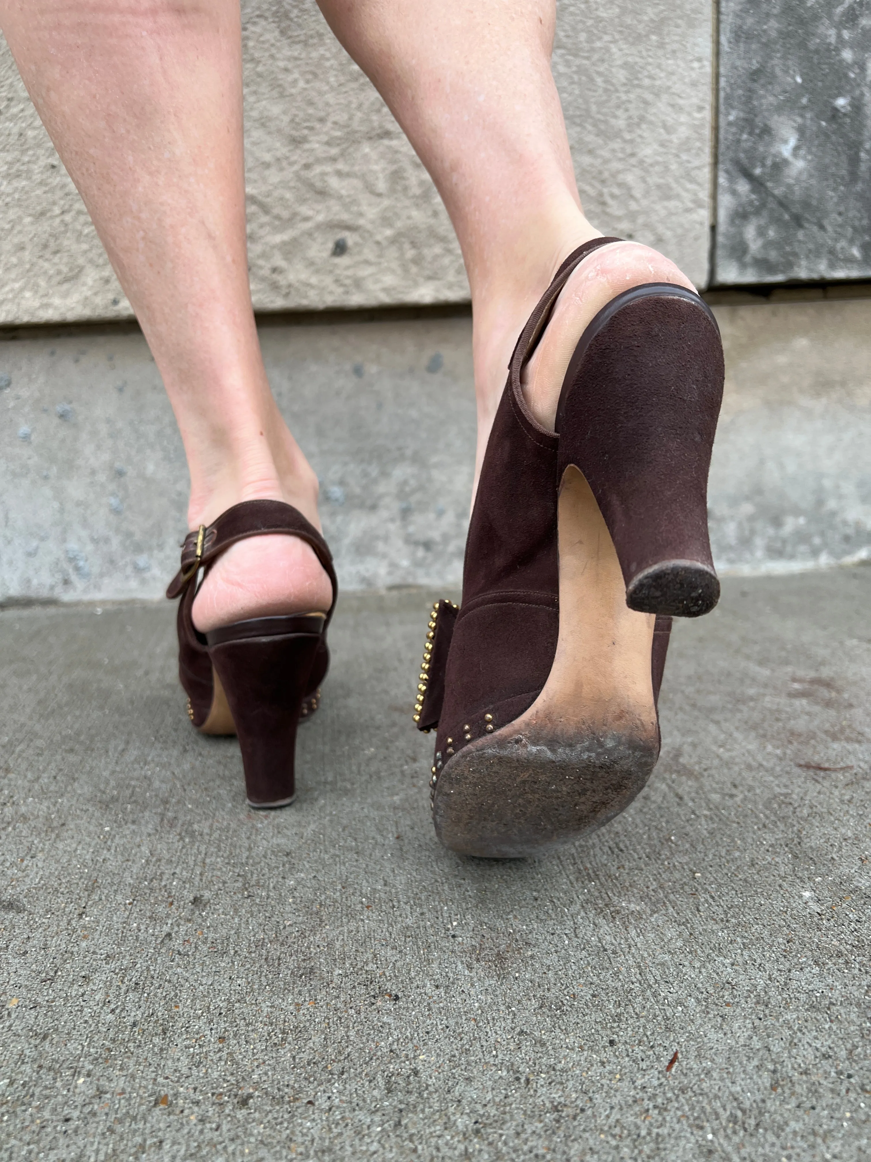 Hibbets Adidas Shoes 40s Brown Suede Peep Toe Sling Back Shoes,  Bows on Toes, Valcraft Shoes