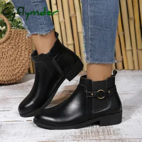 Cyflymder Pu Leather Classics Black Thick Heel Ankle Boots Metal Zipper Low Platform Woman Shoes Winter Round Toe Slip On Short Boots Custom Fit Work Boots