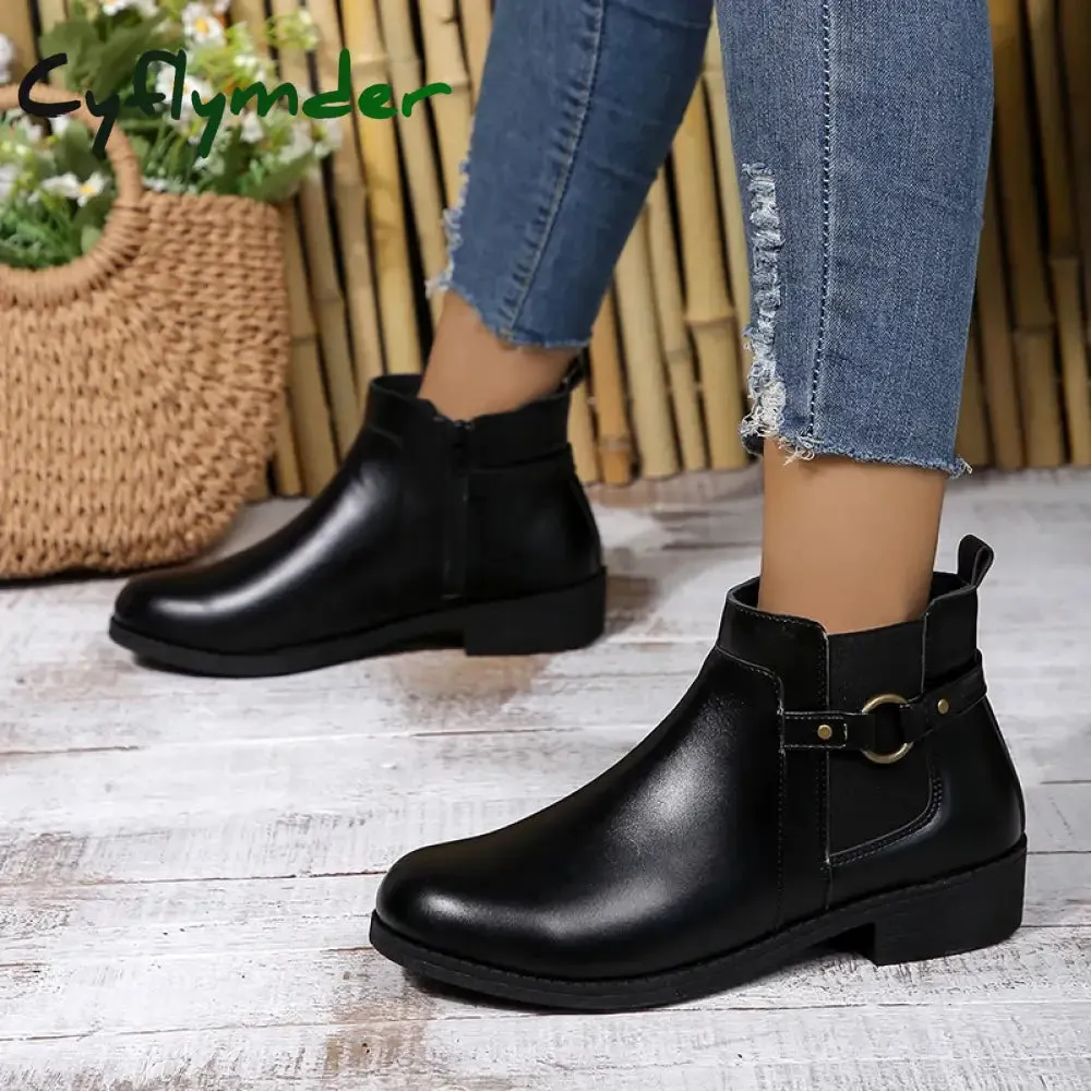 Best Work Boots For Being On Concrete All Day Cyflymder Pu Leather Classics Black Thick Heel Ankle Boots Metal Zipper Low Platform Woman Shoes Winter Round Toe Slip On Short Boots