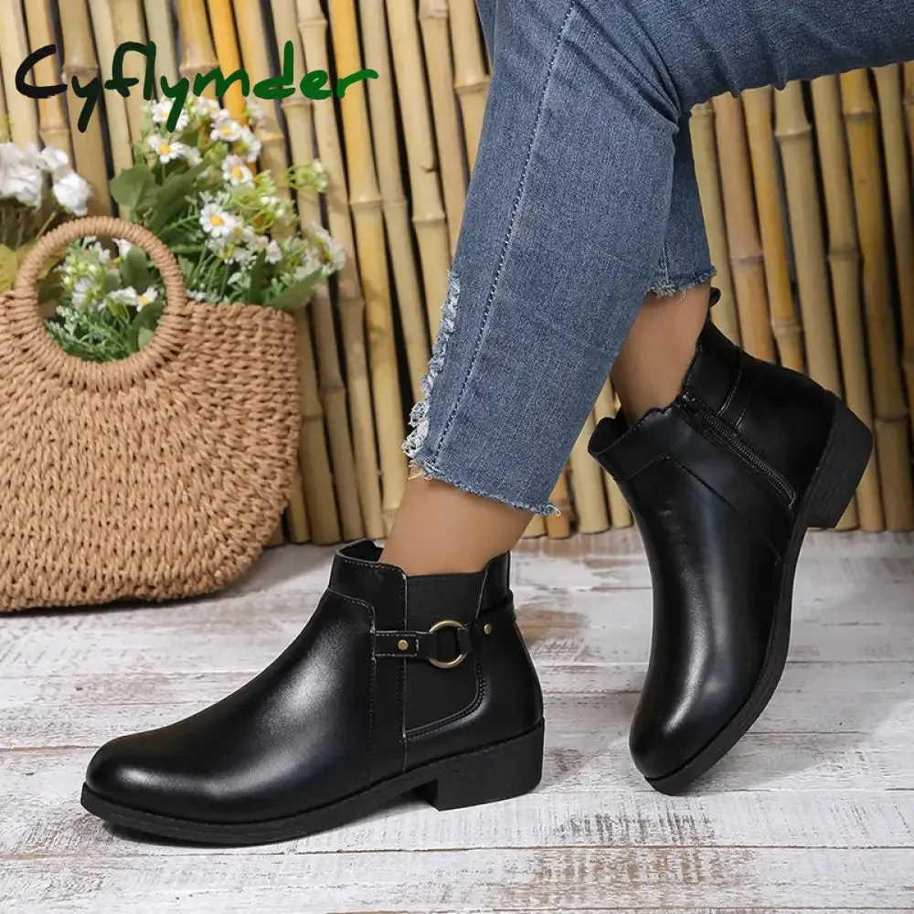 Cheapest Place To Buy Work Boots Cyflymder Pu Leather Classics Black Thick Heel Ankle Boots Metal Zipper Low Platform Woman Shoes Winter Round Toe Slip On Short Boots