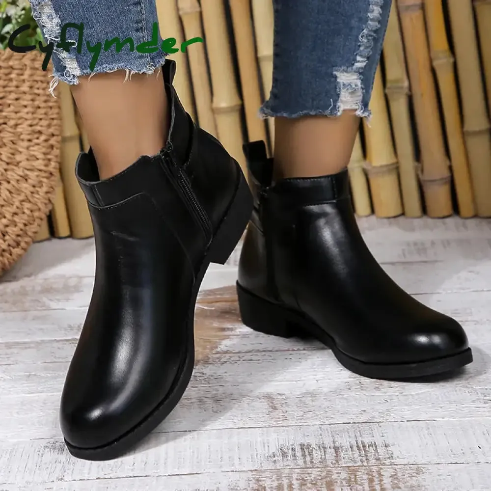 Best Wide Toe Box Work Boots Cyflymder Pu Leather Classics Black Thick Heel Ankle Boots Metal Zipper Low Platform Woman Shoes Winter Round Toe Slip On Short Boots