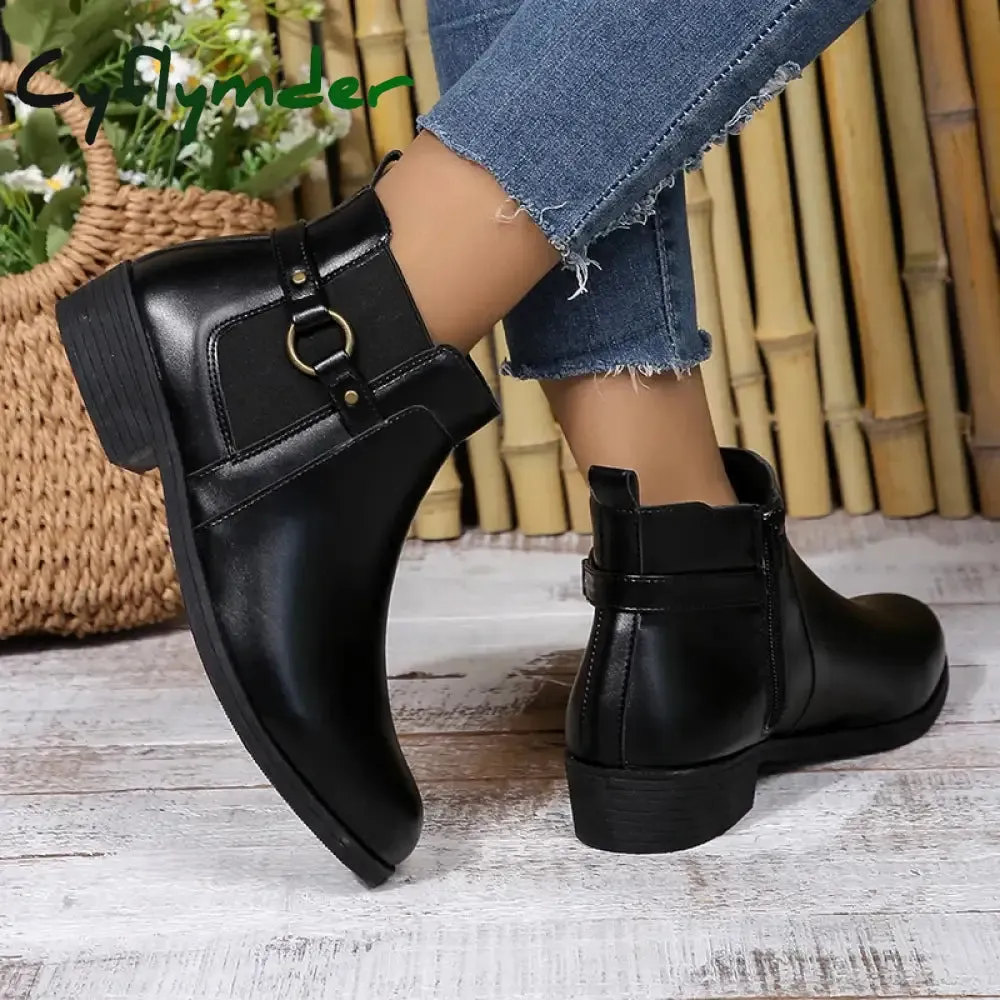 Work Boots Composite Toe Cyflymder Pu Leather Classics Black Thick Heel Ankle Boots Metal Zipper Low Platform Woman Shoes Winter Round Toe Slip On Short Boots