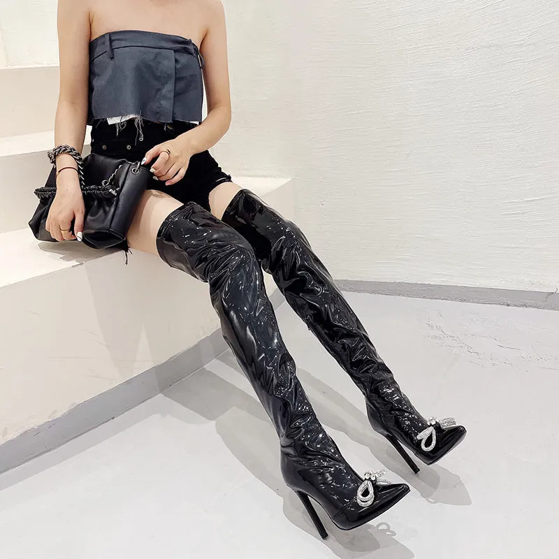 Japan Exclusive Adidas Shoes Rhinestone Bow Thigh Boots