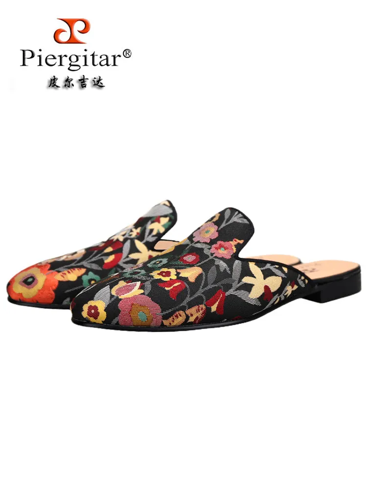Japanese imported fabrics colorful floral jacquard cloth men's mule shoes breathable leather lining summer toe-toe slippers for men Green Slippers