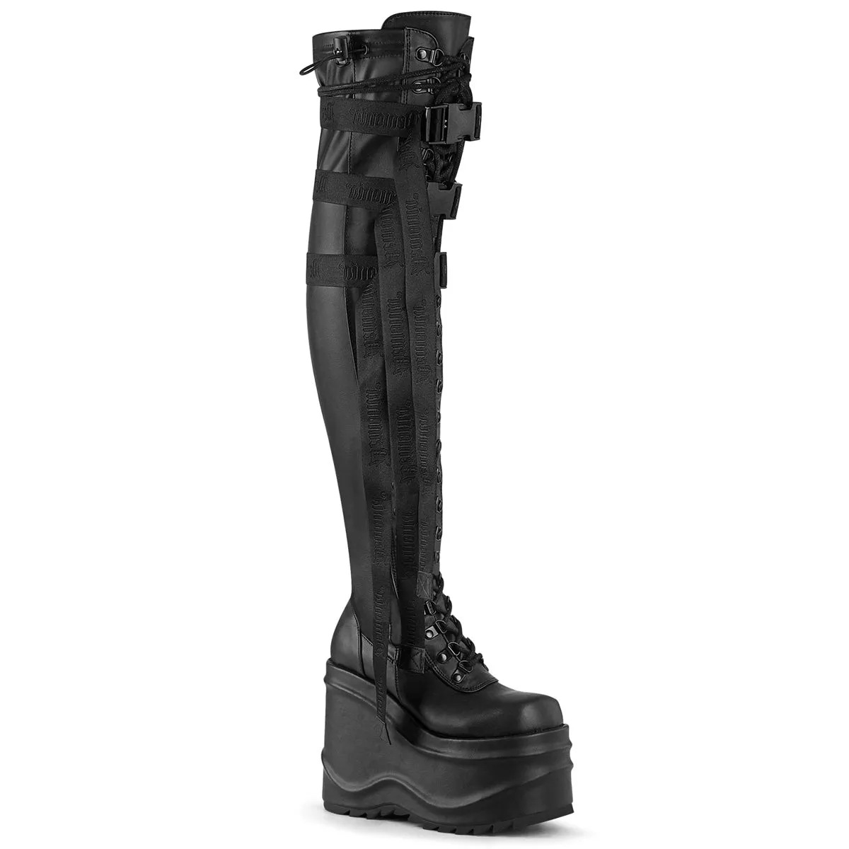 Adidas Kanye Shoes WAVE-315 DemoniaCult Black Stretch Vegan Leather Sexy Women's Over-the-Knee Boots (Alternative Footwear)