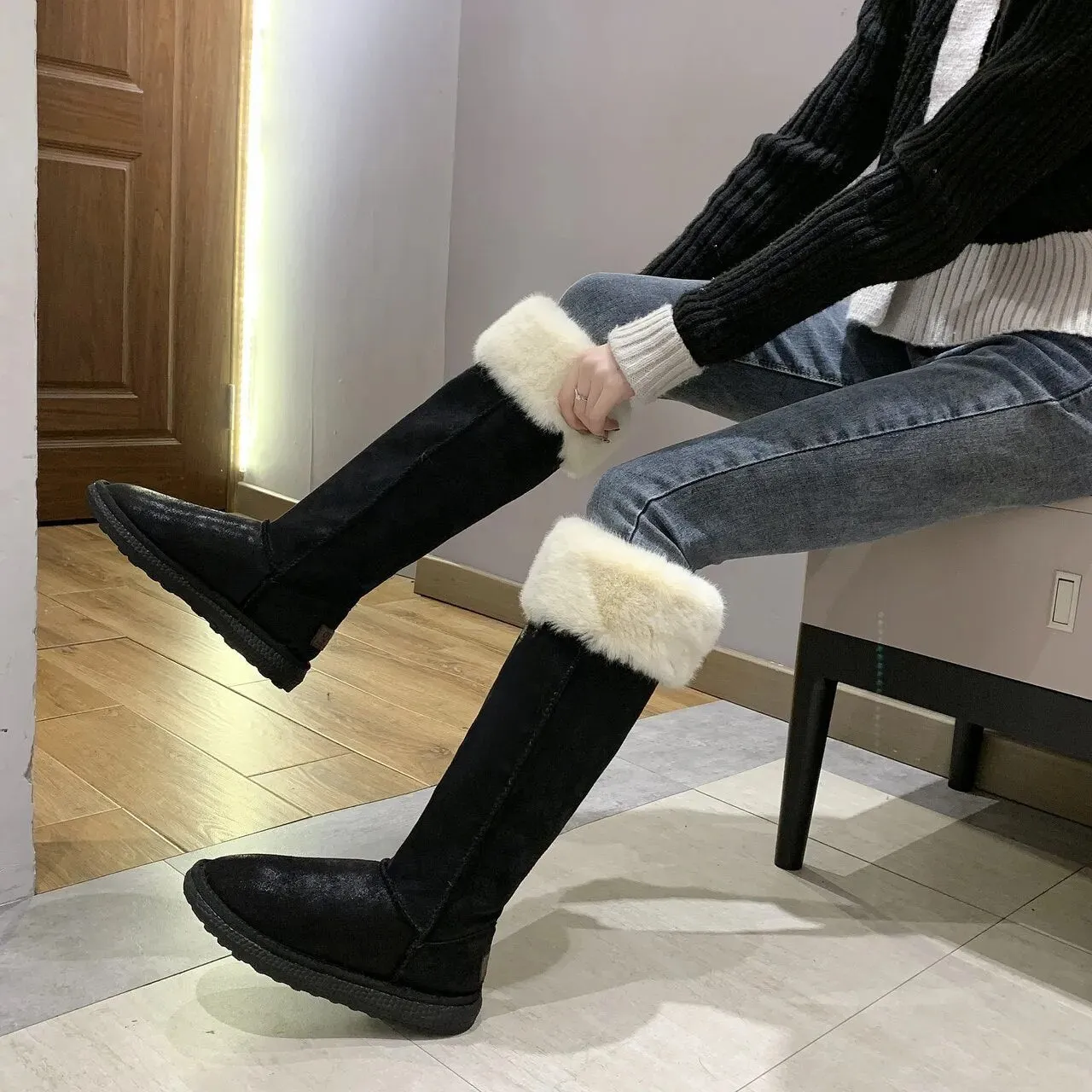 Santana Canada Snow Boots Winter Boots for Women Fleece Warm Snow Shoes Luxury Designer Furry Thigh High Boots Female Comfort Flats Long Footwear