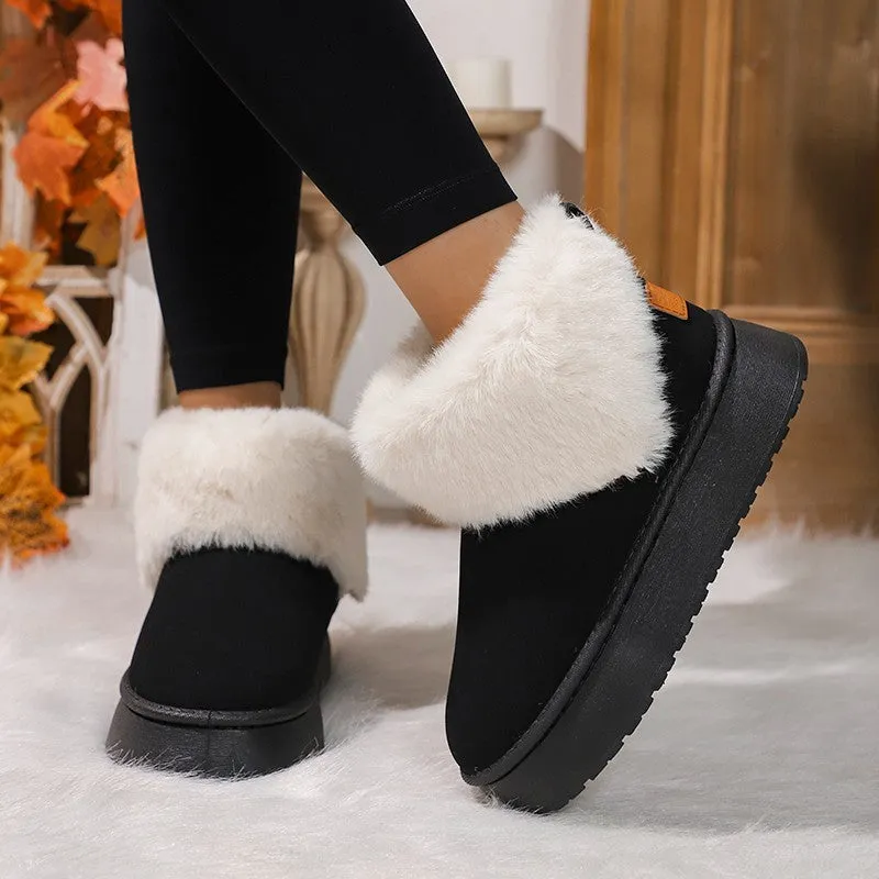 Non Leather Snow Boots Winter Plush Snow Boots Fashion Round Toe Flat Thickened Suede Cotton Shoes For Women