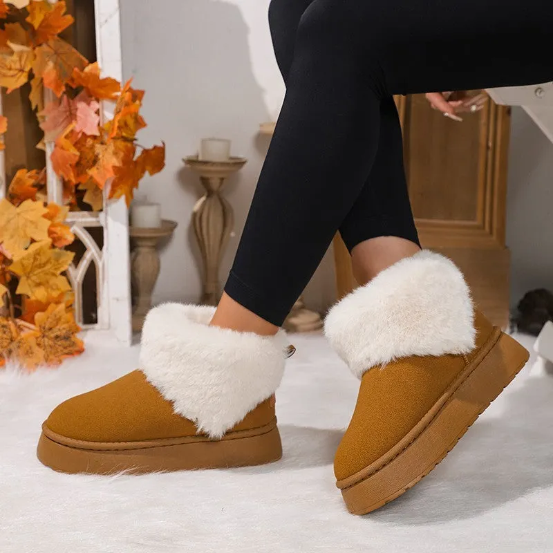 Front Zipper Snow Boots Winter Plush Snow Boots Fashion Round Toe Flat Thickened Suede Cotton Shoes For Women