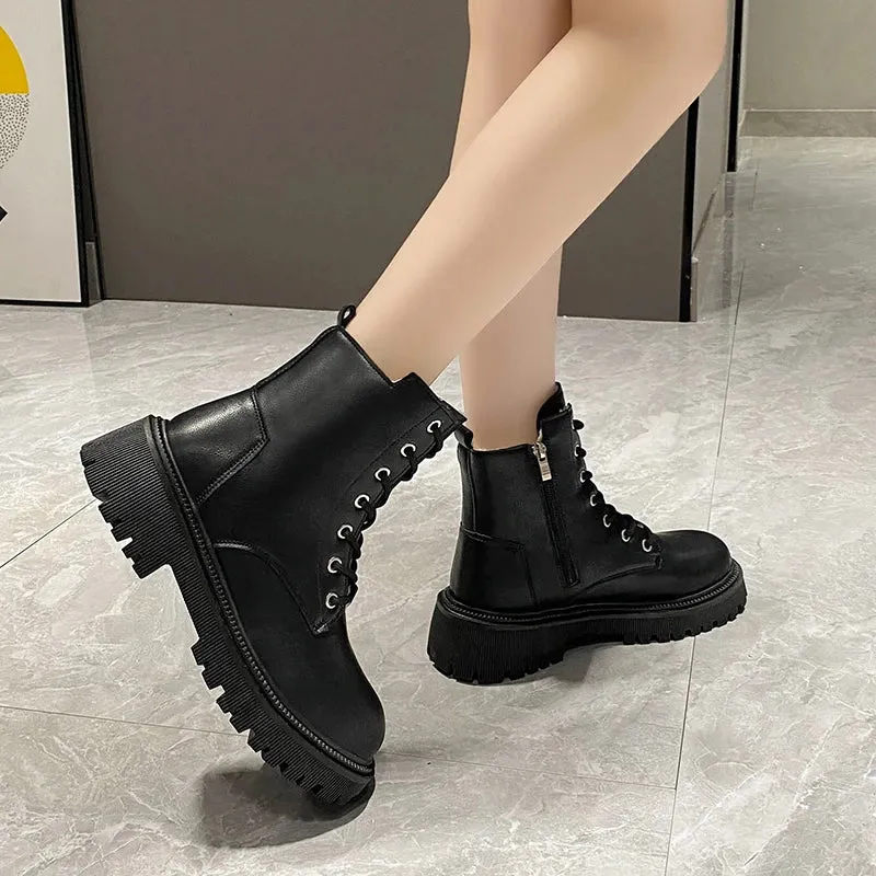D&g Snow Boots Winter Thicken Plush Ankle Boots Women New Warm Pu Leather Snow Boots Woman Black Winter Lace-Up Flat Heels Cotton Shoes kodez