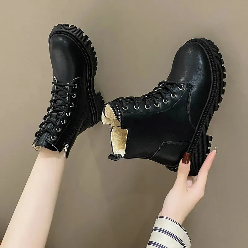 Winter Thicken Plush Ankle Boots Women New Warm Pu Leather Snow Boots Woman Black Winter Lace-Up Flat Heels Cotton Shoes kodez Spirit Snow Boots