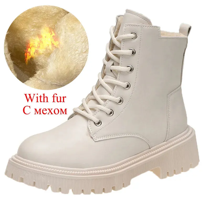 Superdry Stealth Snow Boots Winter Thicken Plush Ankle Boots Women New Warm Pu Leather Snow Boots Woman Black Winter Lace-Up Flat Heels Cotton Shoes kodez