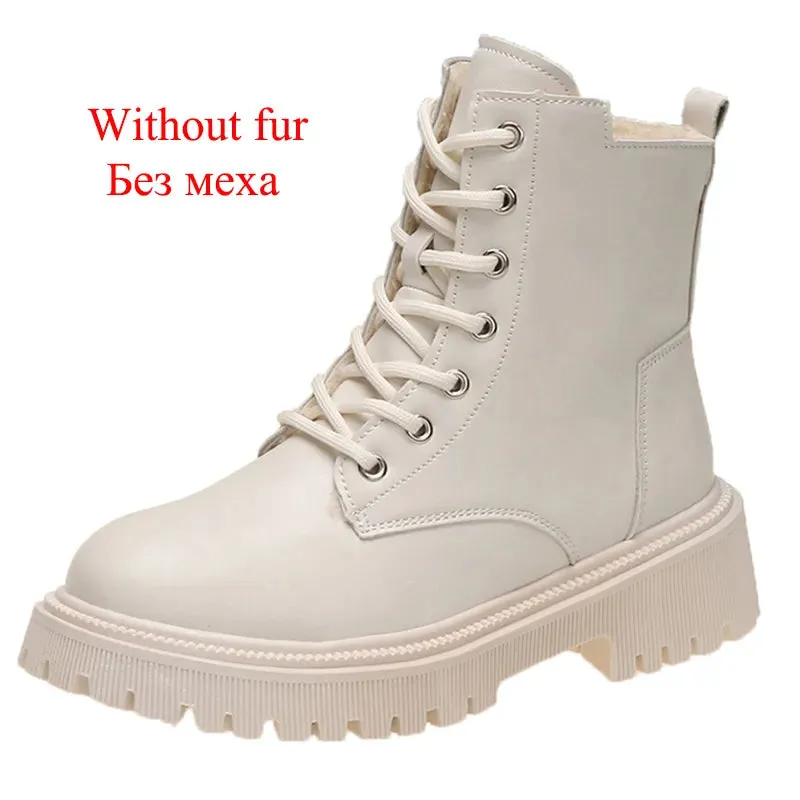 Winter Thicken Plush Ankle Boots Women New Warm Pu Leather Snow Boots Woman Black Winter Lace-Up Flat Heels Cotton Shoes kodez Trespass Snow Boots