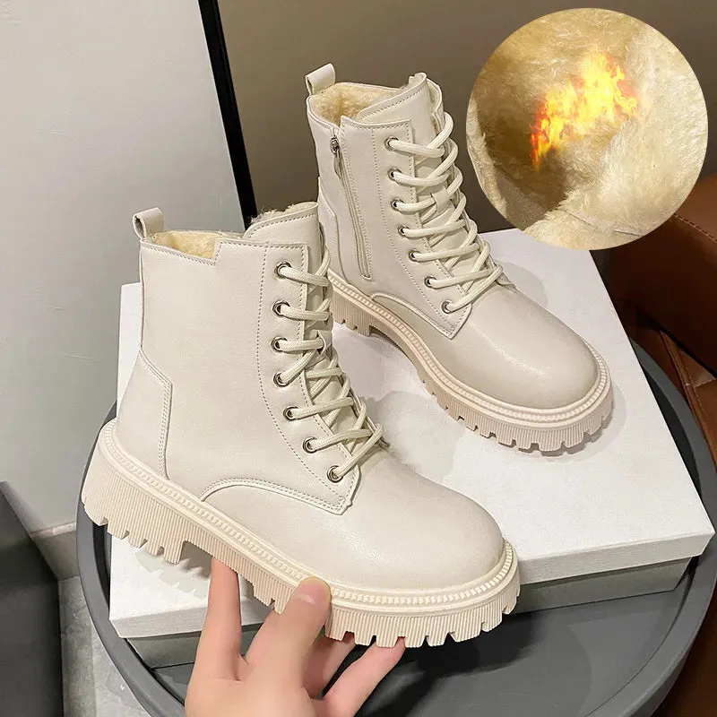 Merrell Winter Pull On Snow Boot Winter Thicken Plush Ankle Boots Women New Warm Pu Leather Snow Boots Woman Black Winter Lace-Up Flat Heels Cotton Shoes kodez