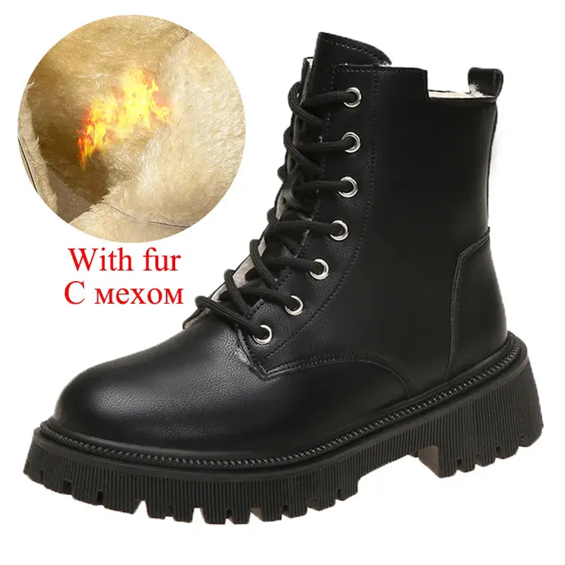 Keen Hoodoo Snow Boots Winter Thicken Plush Ankle Boots Women New Warm Pu Leather Snow Boots Woman Black Winter Lace-Up Flat Heels Cotton Shoes kodez