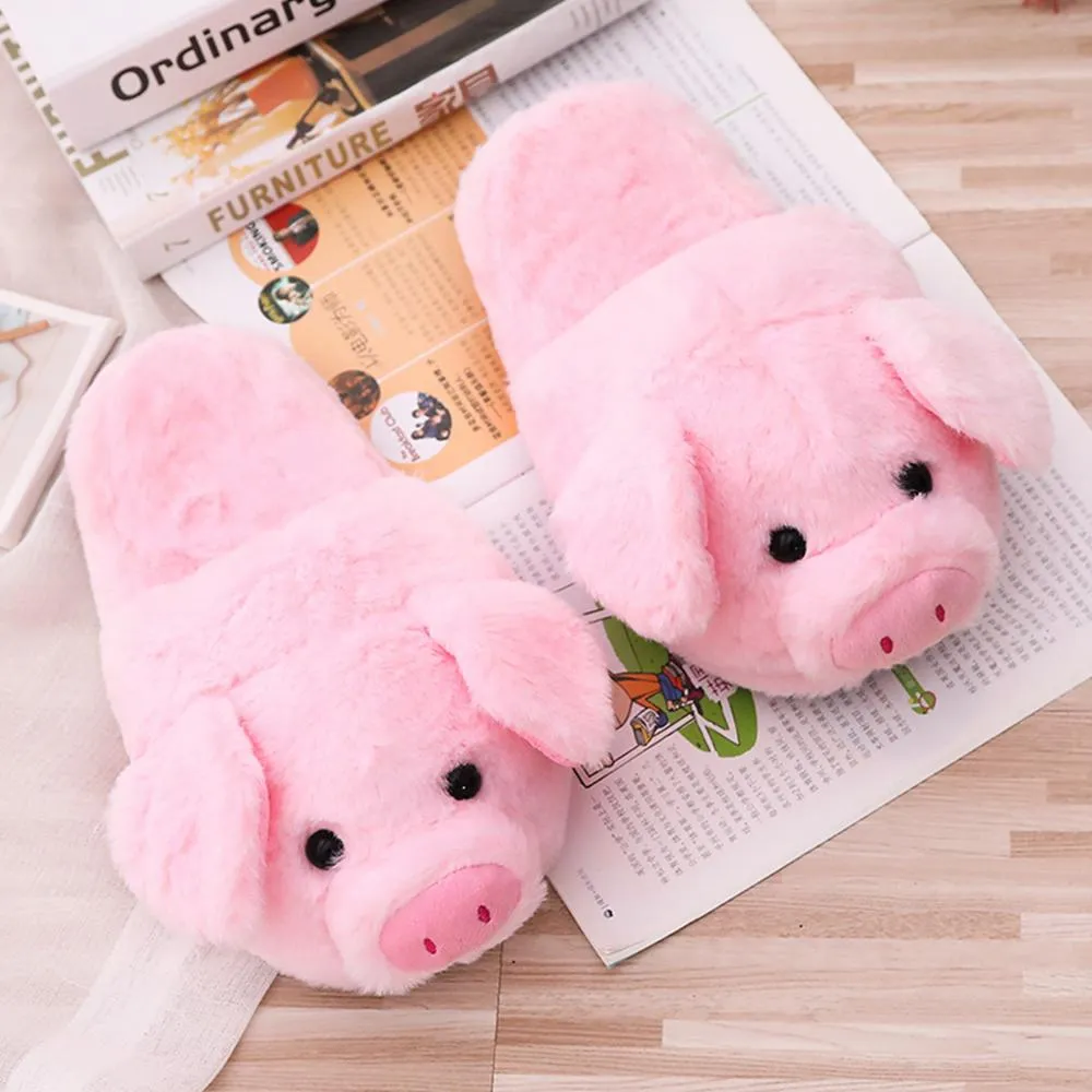 Winter Women Warm Indoor Slippers Ladies Fashion Cute Pink Pig Shoes Women's Soft Short Furry Plush Home Floor Slipper SH467 Black Slides