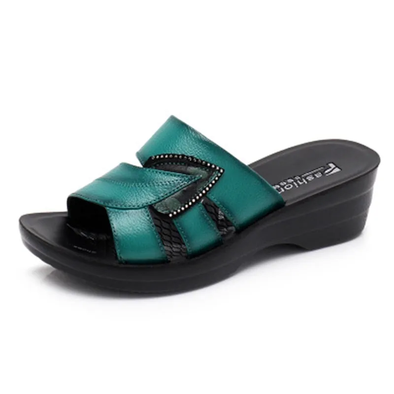 Women Leather Slides Wedges Slippers Tank Slippers