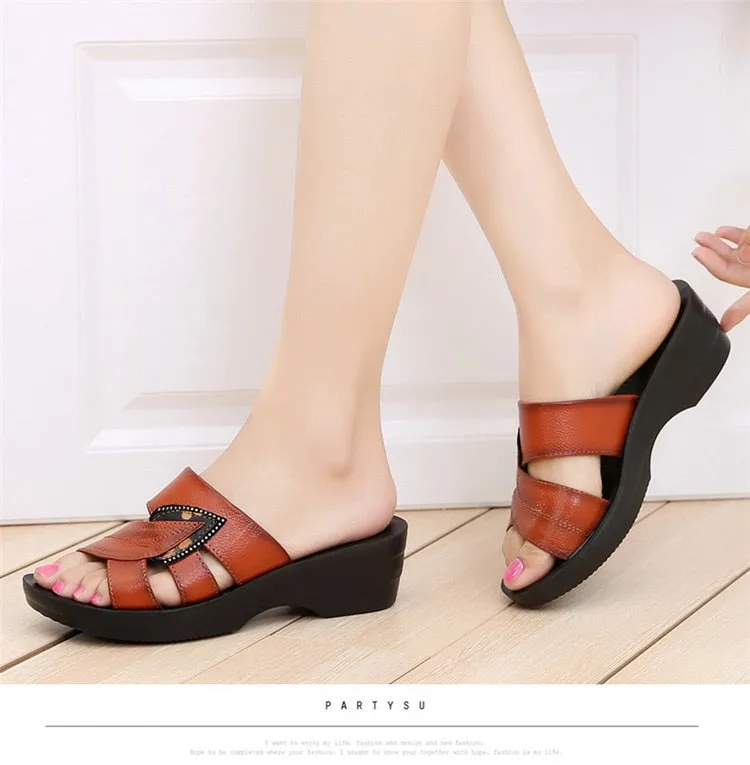 Women Leather Slides Wedges Slippers Peely Slippers