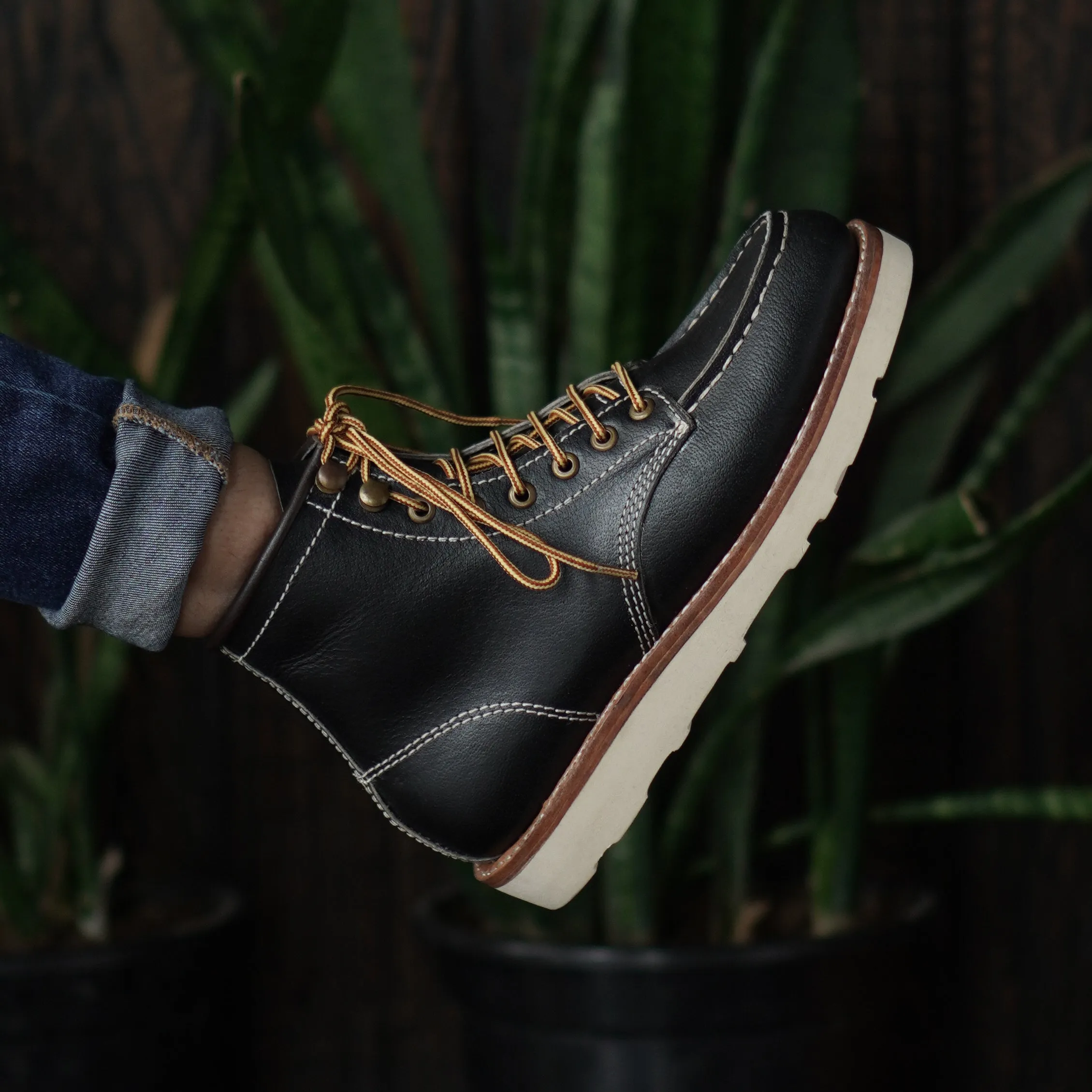 Work Boots Puncture Resistant Women Moc-Toe Leather Boots (Raven Black) Goodyear Welted