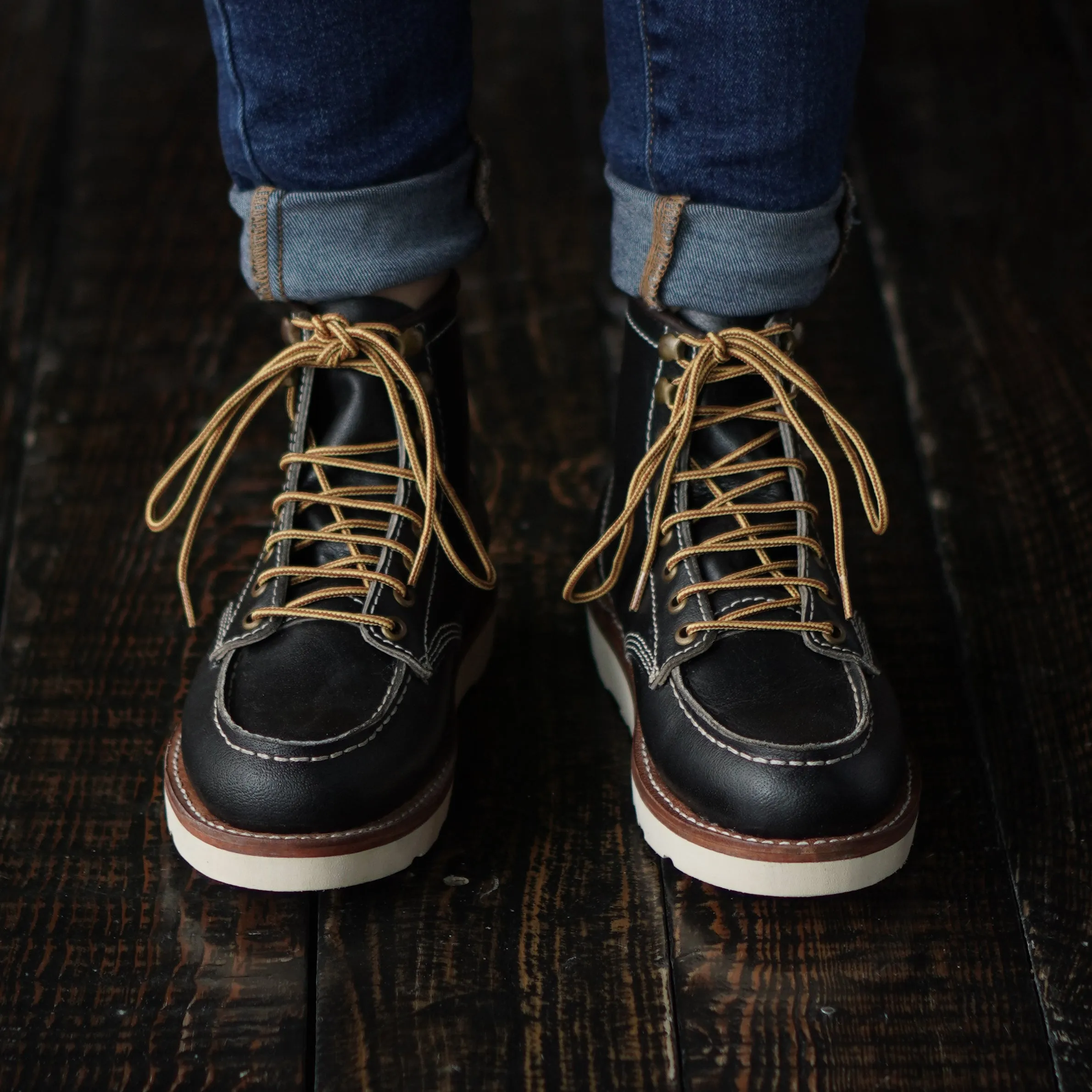 Women Moc-Toe Leather Boots (Raven Black) Goodyear Welted Puncture Resistant Work Boots