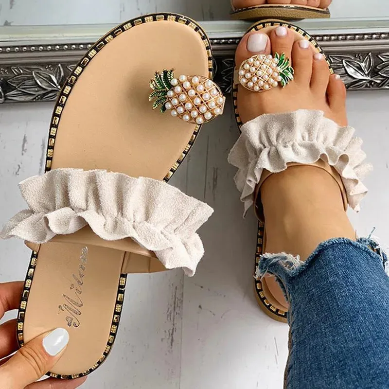 Women Slipper Pearl Flat Toe Bohemian Casual Shoes Beach Sandals Ladies Shoes Platform Sandalias De Mujer Verano Running Shoes Flat Feet Heavy Runners