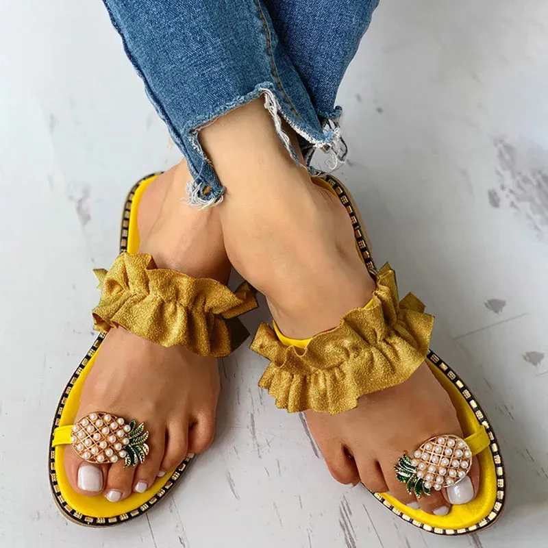 Women Slipper Pearl Flat Toe Bohemian Casual Shoes Beach Sandals Ladies Shoes Platform Sandalias De Mujer Verano Clear Shoes Flats