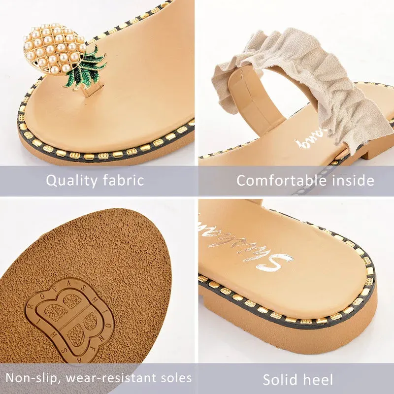 Gold Flat Bridesmaid Shoes Women Slipper Pearl Flat Toe Bohemian Casual Shoes Beach Sandals Ladies Shoes Platform Sandalias De Mujer Verano