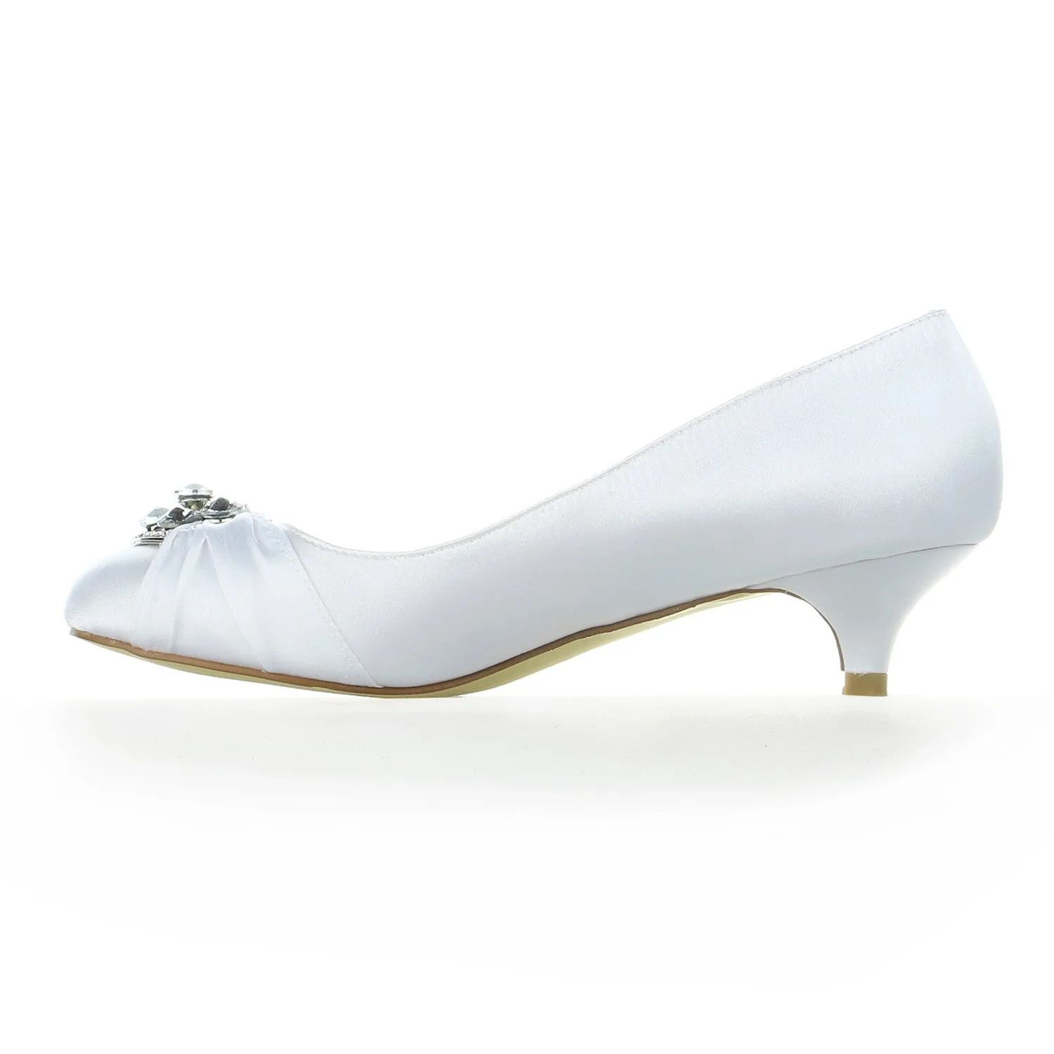 Navy Blue Dress Women's Bridal Shoes Closed Toe 1.8" Low Heel Comfort Satin Pumps Crystal Wedding Shoes