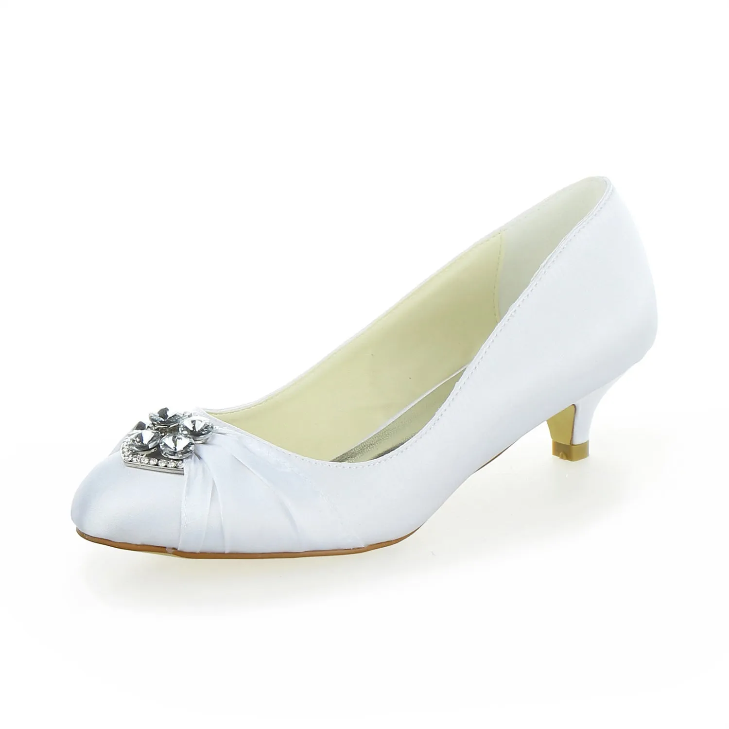 Prom Dress With Flat Shoes Women's Bridal Shoes Closed Toe 1.8" Low Heel Comfort Satin Pumps Crystal Wedding Shoes
