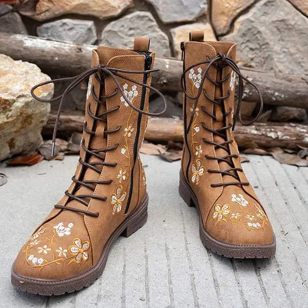 Women's Embroidered Side-Zip Block Heel Martin Boots 82647535C Adidas Stadium Shoes