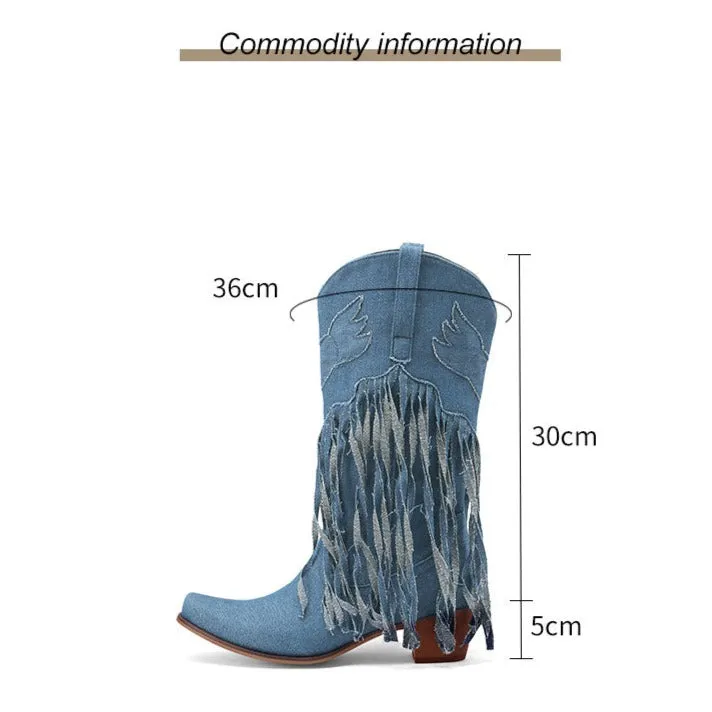 Womens Fringe Denim Western Cowboy Short Boots Navy Adidas Tennis Shoes