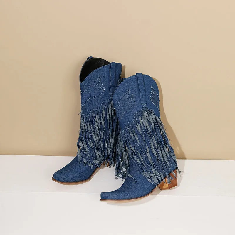 Womens Fringe Denim Western Cowboy Short Boots Adidas Indoor Soccer Shoes