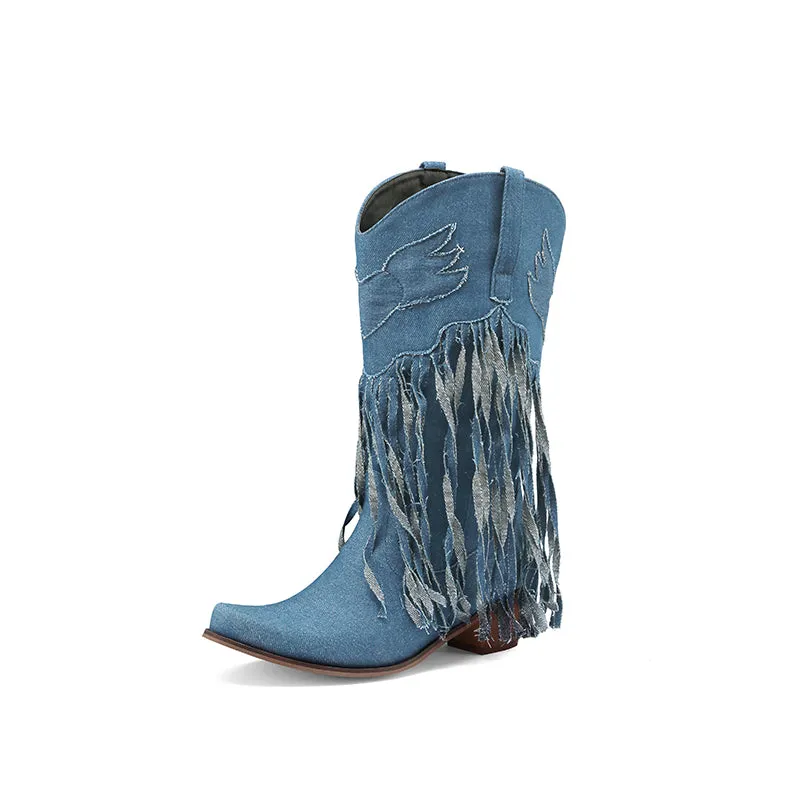 Womens Fringe Denim Western Cowboy Short Boots Adidas Reflective Shoes